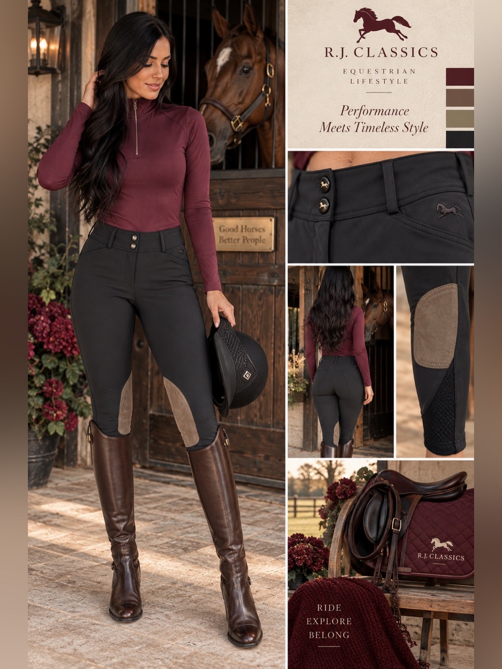 R.J. Classics 26L Black Equestrian Knee Patch Riding Breeches Horse Pants